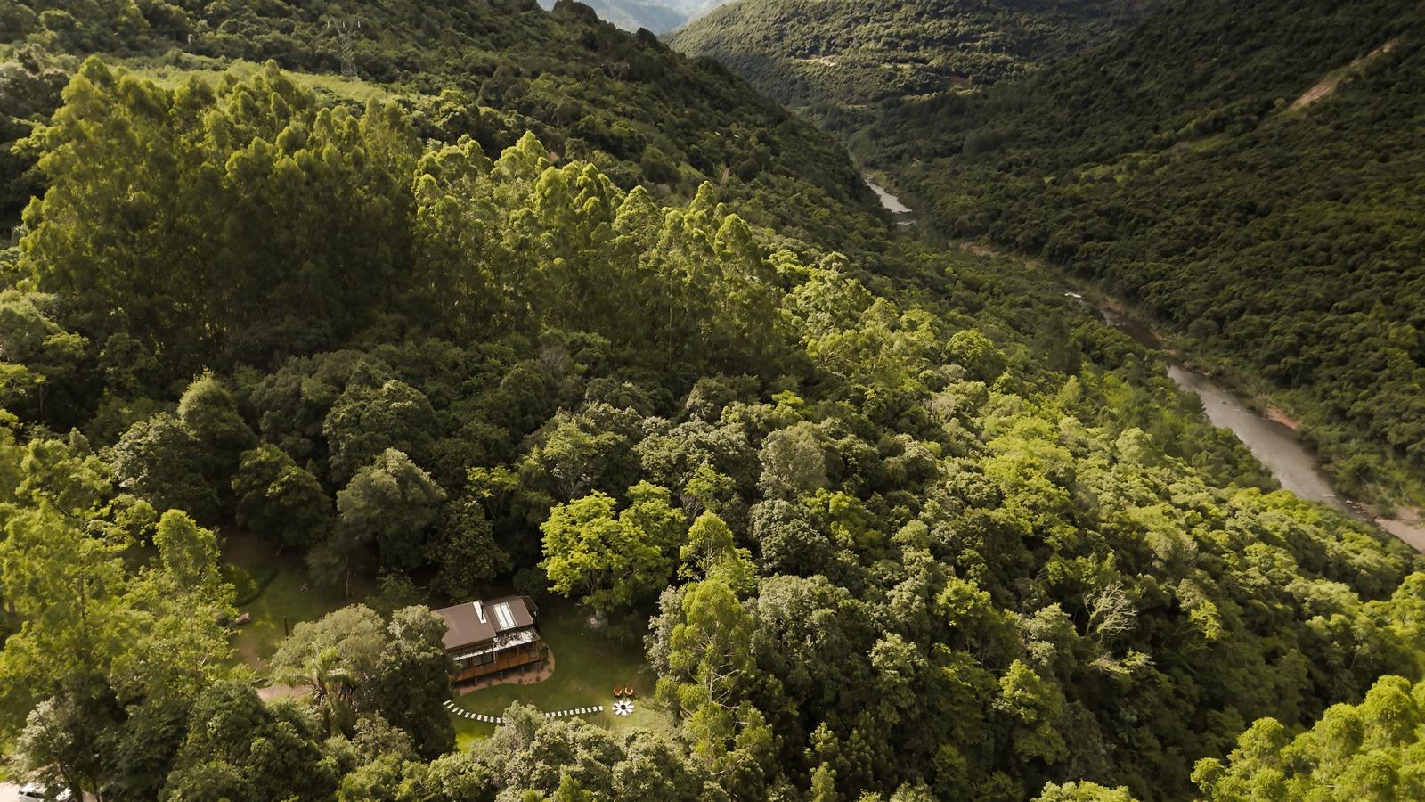 Vista aérea do vale coberto de mata, com o rio correndo ao fundo e uma cabana no meio das árvores